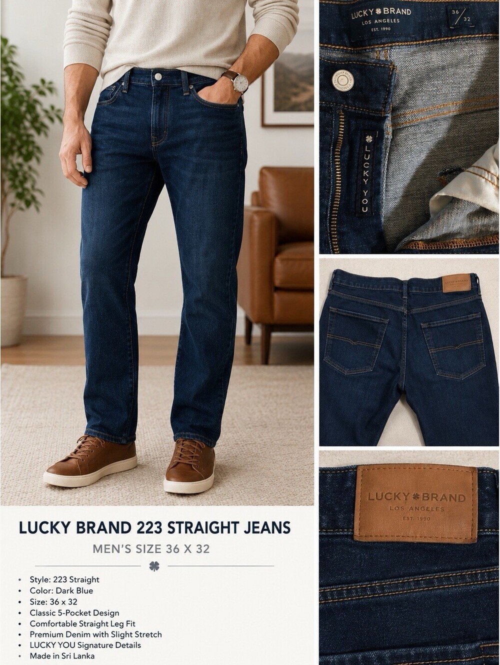 Lucky Brand 223 Straight Men’s Jeans 36x32 Dark Wash Stretch Denim